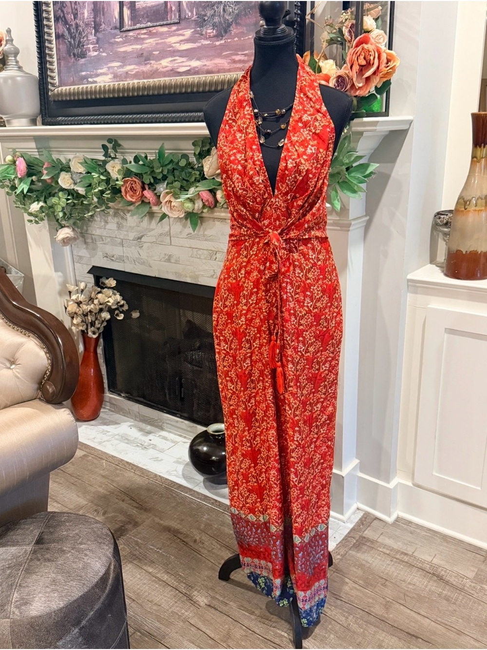 Lulumari Red Floral Halter Tie-Front Jumpsuit with Contrast Hem